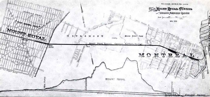 1913 map showing the underground railway connection between the Town of Mont Royal and Montreal.